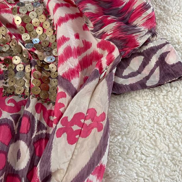 Tory Burch 100% Silk Tunic V-Neck Purple/Pink Ikat Print Sz 2 Indie Art Core Gir - Picture 8 of 9